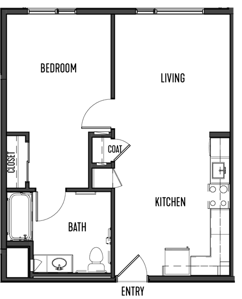 Floor plan for 1 bed, 1 bath, 600 sqft